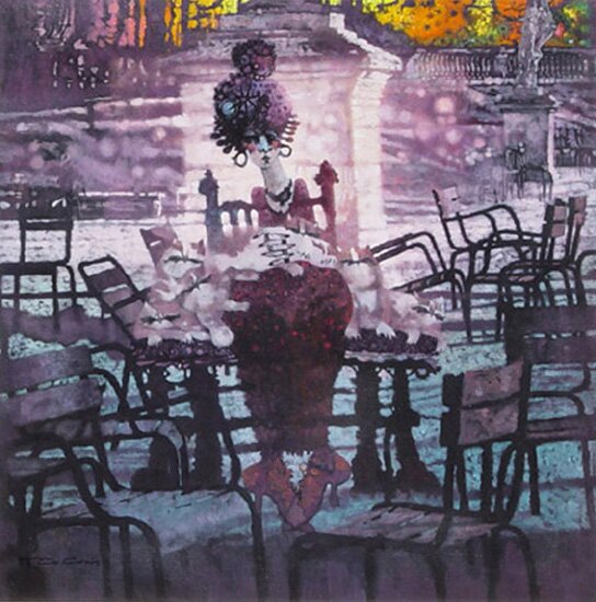 "R�union au Jardin du Luxembourg" - Get Together in Luxembourg  Garden - Oil Painting by Ted CoConis