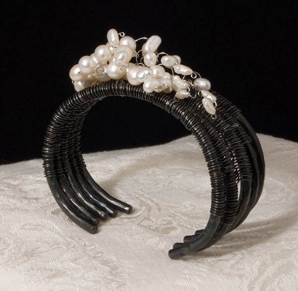 "Wrist Corsage: Cherry Blossom Cuff Bracelet" - Woven Steel Jewelry Designs by Valerie Ostenak