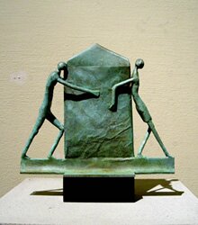 "Pushing the Envelope II" - Bronze and Wood Sculpture by Howard Hitchcock