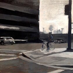 "A Day Like Any Other" - Bicycling in the City Painting by Jonathan Howard