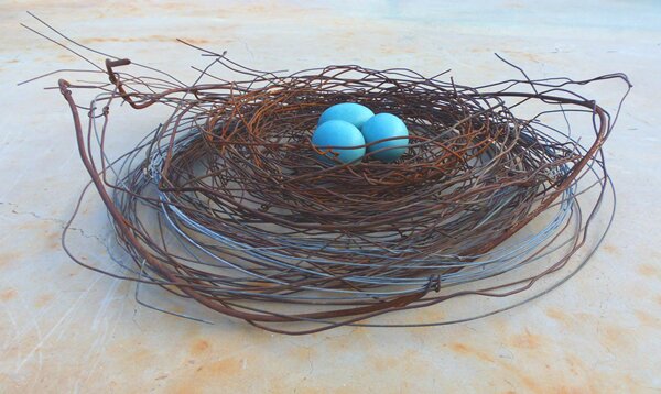 Nest "X-99" - Found Metal and Wire Ceramic Eggs by Phil Lichtenhan