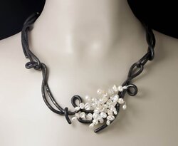Garland: Cherry Blossoms XI Collar - Pearl and Steel Jewelry by Valerie Ostenak