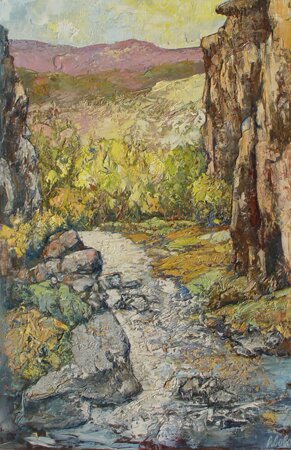 "Down the River" - Landscape Painting by Hans Schiebold