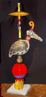 "Red Ball Bird" - Unique Sculpture by Russell Vogt